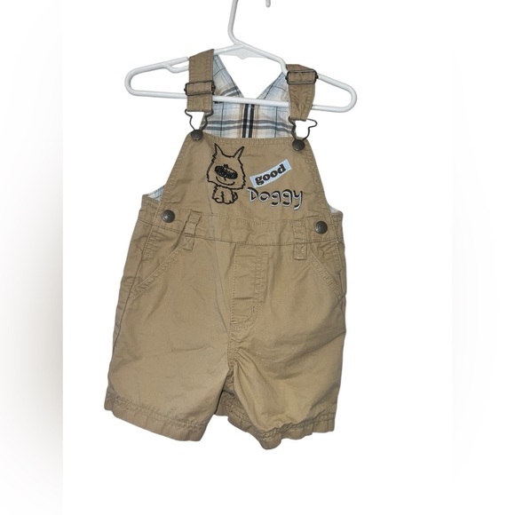 Koala Kids Tan shortall Overalls puppy embroidered y2K sz 12m - Picture 1 of 3